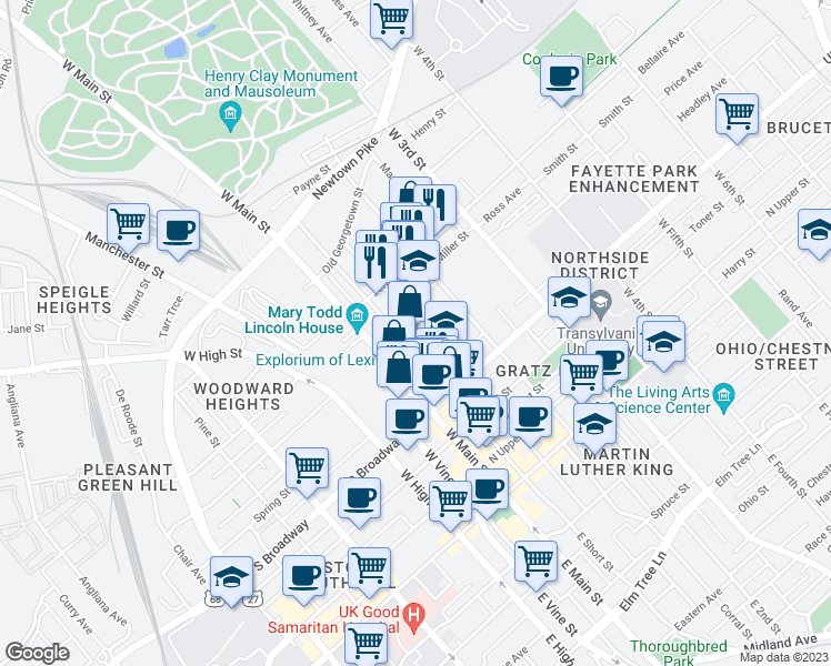 map of restaurants, bars, coffee shops, grocery stores, and more near 145 Bruce Street in Lexington