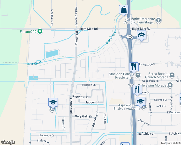 map of restaurants, bars, coffee shops, grocery stores, and more near 10616 Holman Road in Stockton