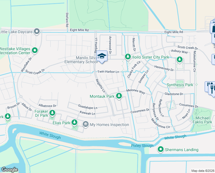 map of restaurants, bars, coffee shops, grocery stores, and more near 5944 Duck Cove Lane in Stockton