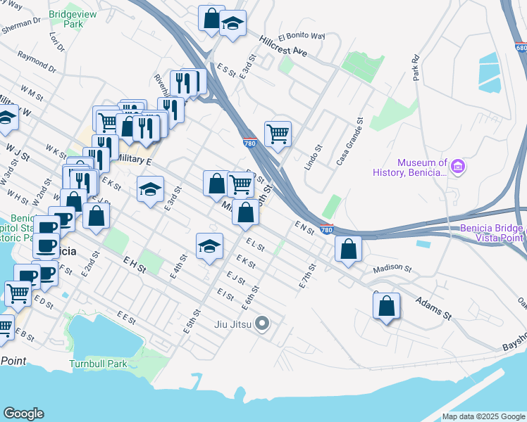 map of restaurants, bars, coffee shops, grocery stores, and more near 1401 East 5th Street in Benicia