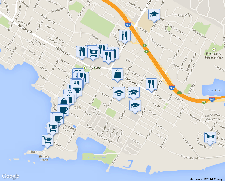 map of restaurants, bars, coffee shops, grocery stores, and more near 290 East L Street in Benicia
