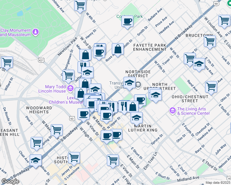 map of restaurants, bars, coffee shops, grocery stores, and more near 247 North Broadway in Lexington