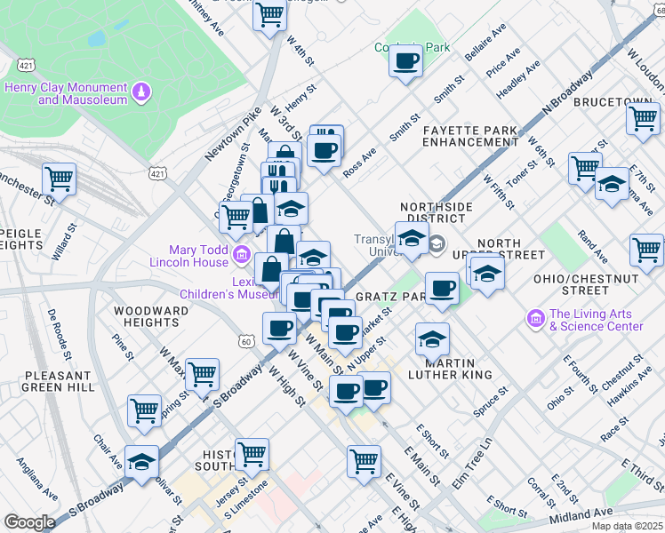 map of restaurants, bars, coffee shops, grocery stores, and more near 425 West 2nd Street in Lexington