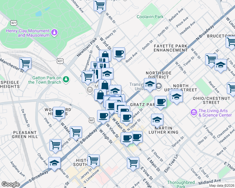 map of restaurants, bars, coffee shops, grocery stores, and more near in Lexington