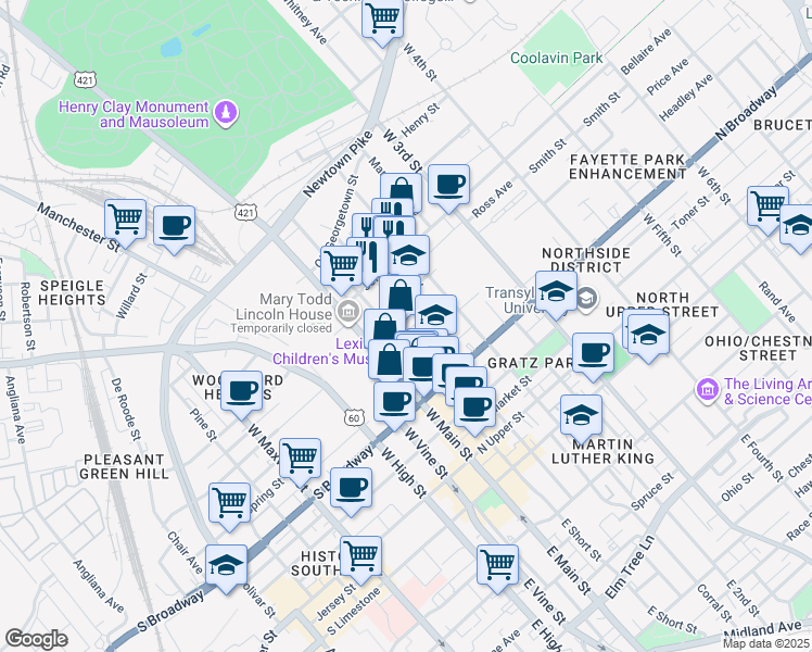 map of restaurants, bars, coffee shops, grocery stores, and more near 145 Bruce Street in Lexington