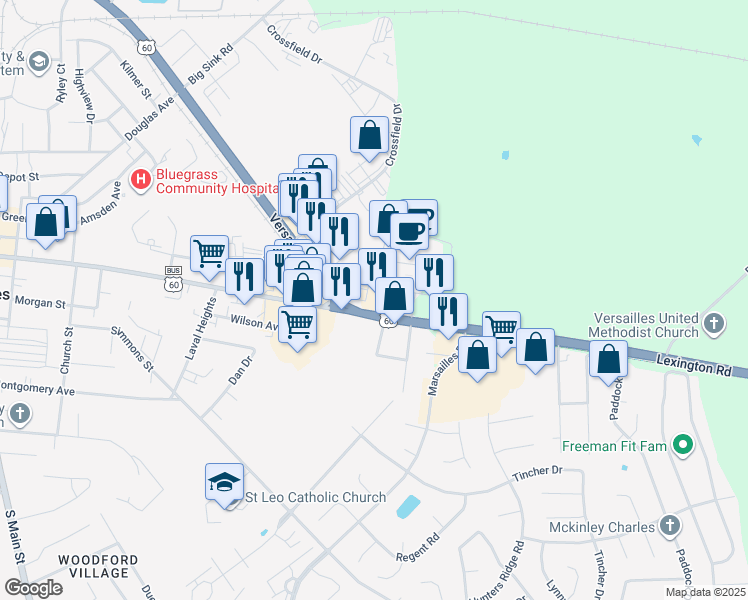 map of restaurants, bars, coffee shops, grocery stores, and more near 371 Kroger Way in Versailles