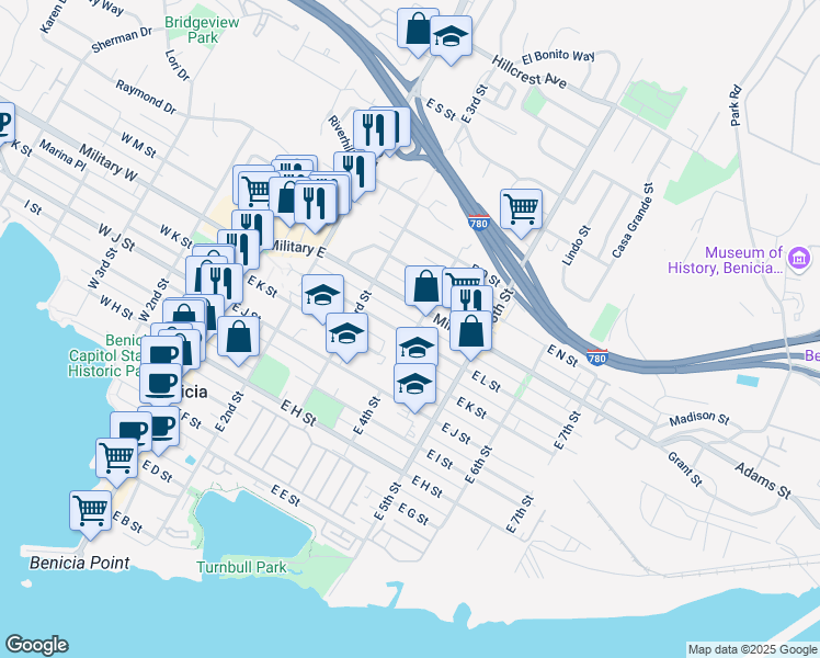 map of restaurants, bars, coffee shops, grocery stores, and more near 1215 East 4th Street in Benicia