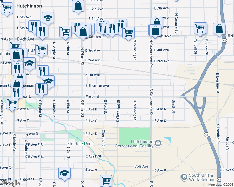 map of restaurants, bars, coffee shops, grocery stores, and more near 15 South Cleveland Street in Hutchinson