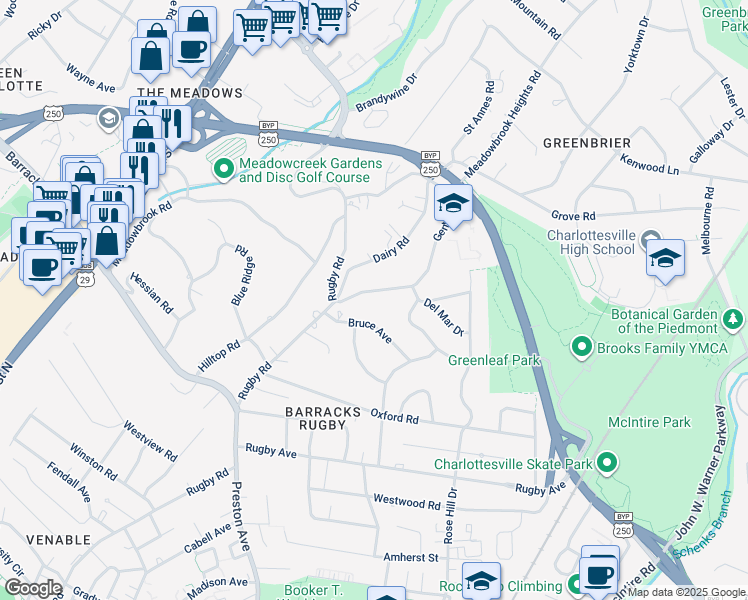 map of restaurants, bars, coffee shops, grocery stores, and more near 1410 Gentry Lane in Charlottesville