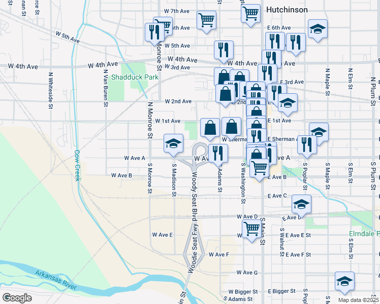 map of restaurants, bars, coffee shops, grocery stores, and more near 313 West Sherman Street in Hutchinson
