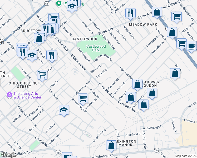 map of restaurants, bars, coffee shops, grocery stores, and more near 531 East Loudon Avenue in Lexington