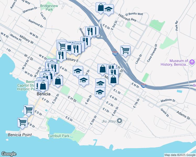 map of restaurants, bars, coffee shops, grocery stores, and more near 387 East L Street in Benicia