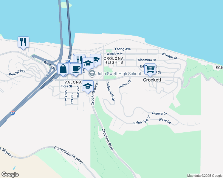 map of restaurants, bars, coffee shops, grocery stores, and more near 982 Juniper Court in Crockett