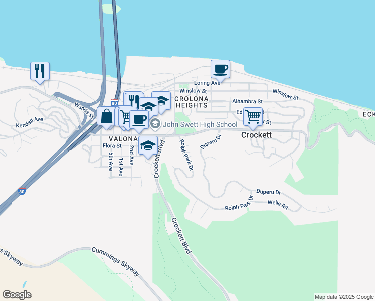 map of restaurants, bars, coffee shops, grocery stores, and more near 982 Juniper Court in Crockett