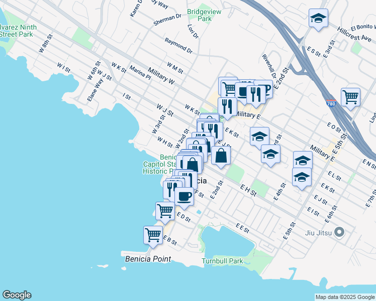 map of restaurants, bars, coffee shops, grocery stores, and more near 155 West I Street in Benicia