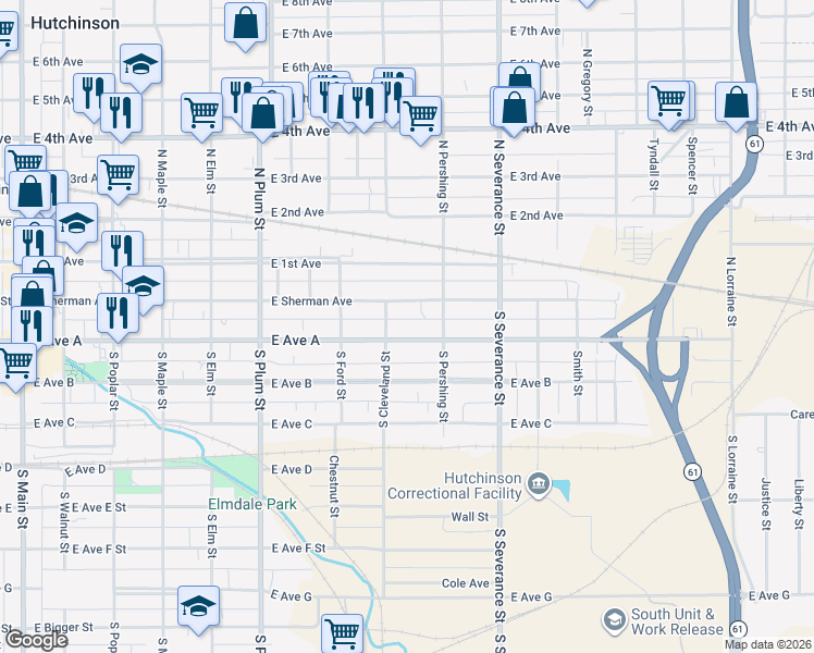 map of restaurants, bars, coffee shops, grocery stores, and more near 710 East Avenue A in Hutchinson