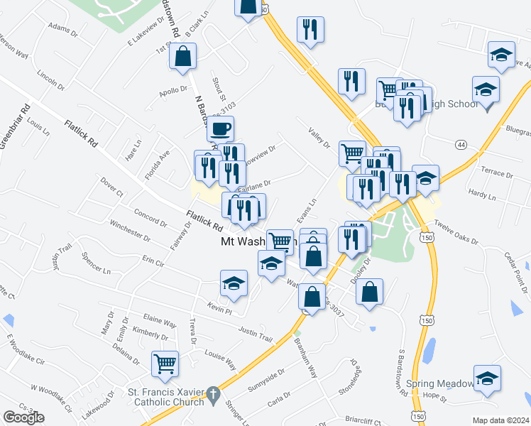 map of restaurants, bars, coffee shops, grocery stores, and more near 152 Hilltop Drive in Mount Washington