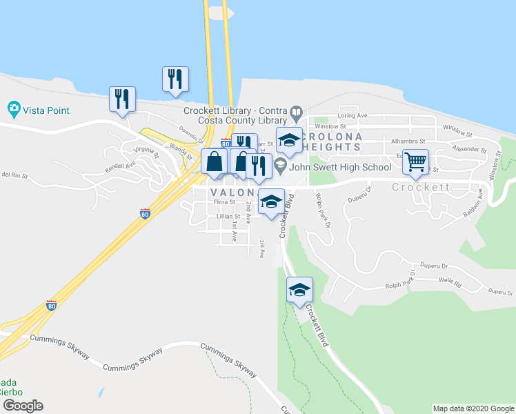 map of restaurants, bars, coffee shops, grocery stores, and more near 1211 Flora Street in Crockett