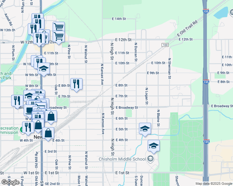map of restaurants, bars, coffee shops, grocery stores, and more near 820 N High St in Newton