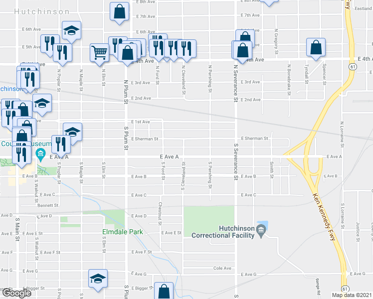 map of restaurants, bars, coffee shops, grocery stores, and more near 8 South Cleveland Street in Hutchinson