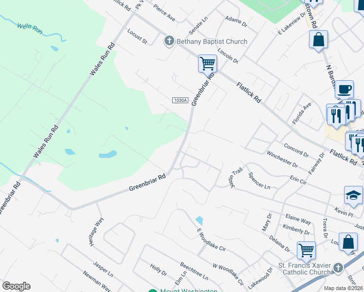 map of restaurants, bars, coffee shops, grocery stores, and more near 3129 Greenbriar Road in Mount Washington