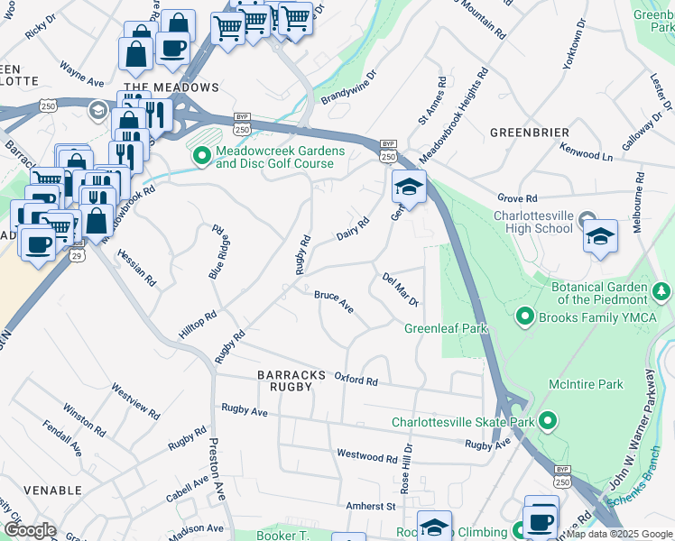 map of restaurants, bars, coffee shops, grocery stores, and more near 1410 Gentry Lane in Charlottesville