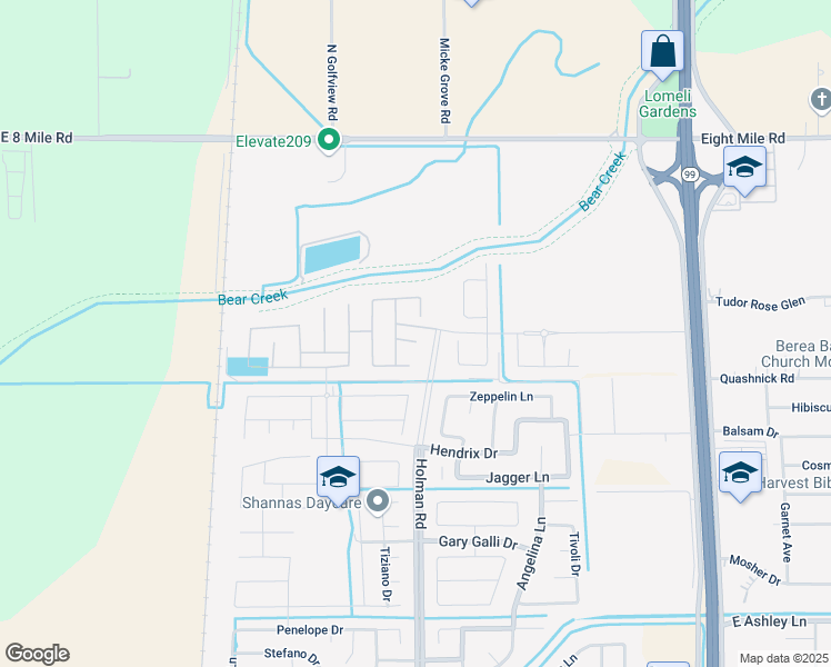 map of restaurants, bars, coffee shops, grocery stores, and more near 10505 Holman Road in Stockton