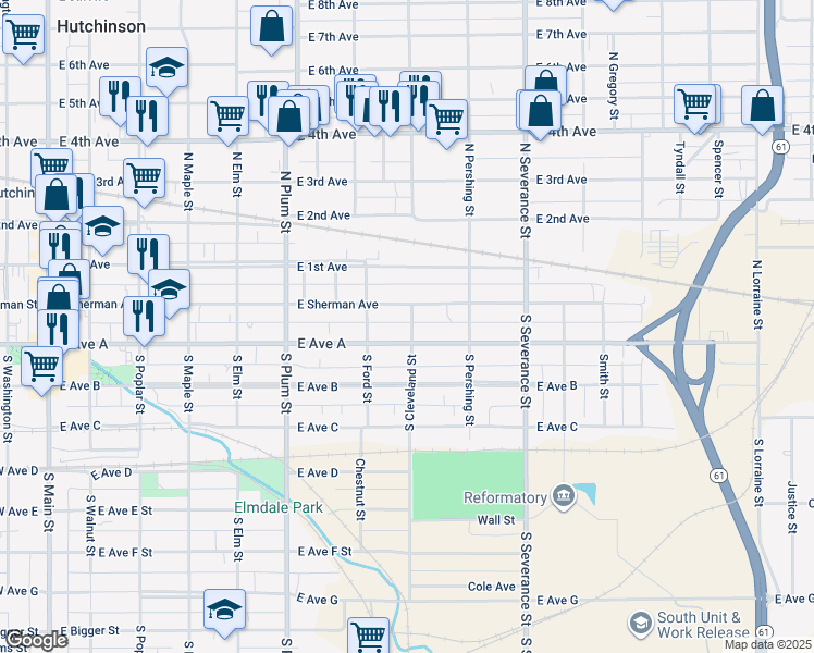 map of restaurants, bars, coffee shops, grocery stores, and more near 11 South Cleveland Street in Hutchinson