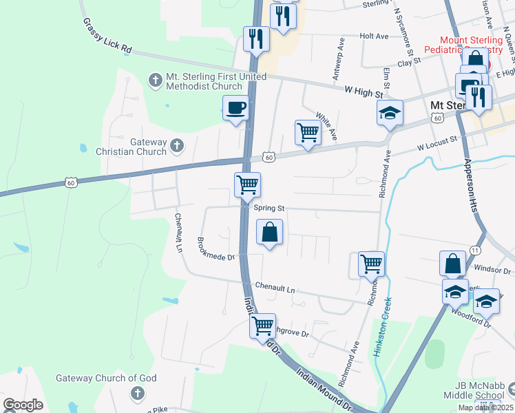 map of restaurants, bars, coffee shops, grocery stores, and more near 497 Spring Street in Mount Sterling