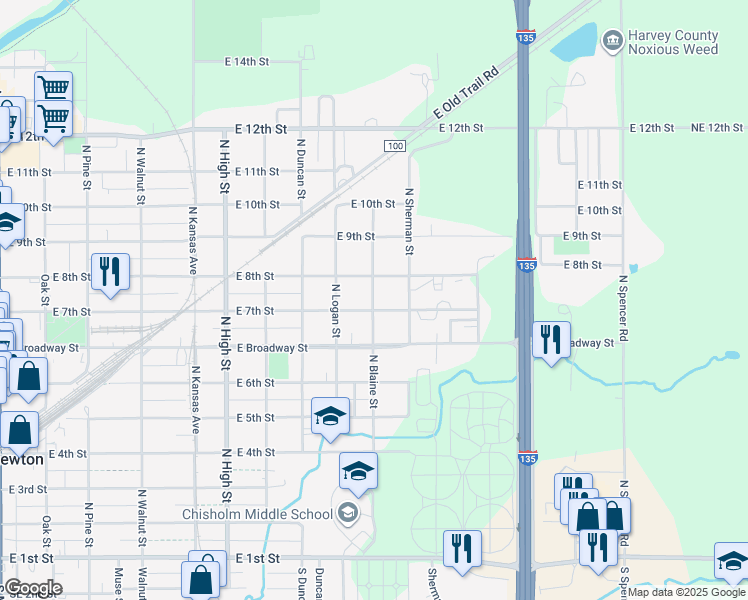 map of restaurants, bars, coffee shops, grocery stores, and more near 816 N Blaine St in Newton