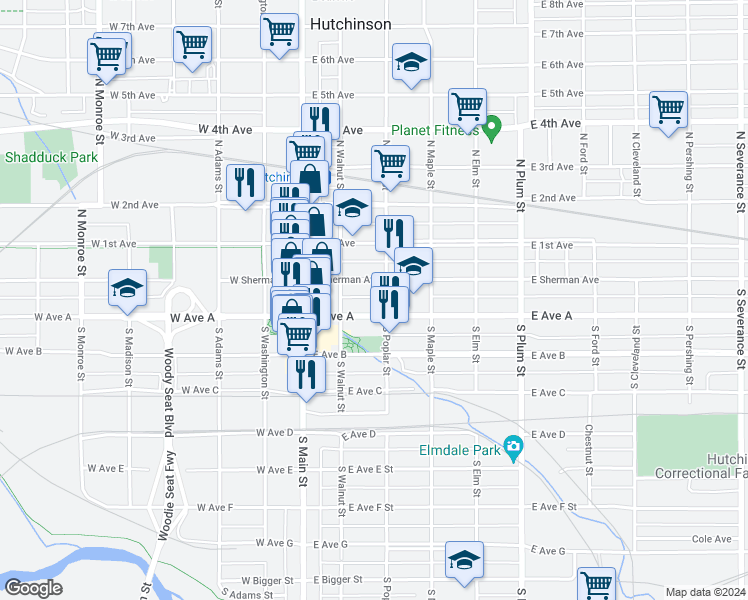 map of restaurants, bars, coffee shops, grocery stores, and more near 129 East Sherman Street in Hutchinson
