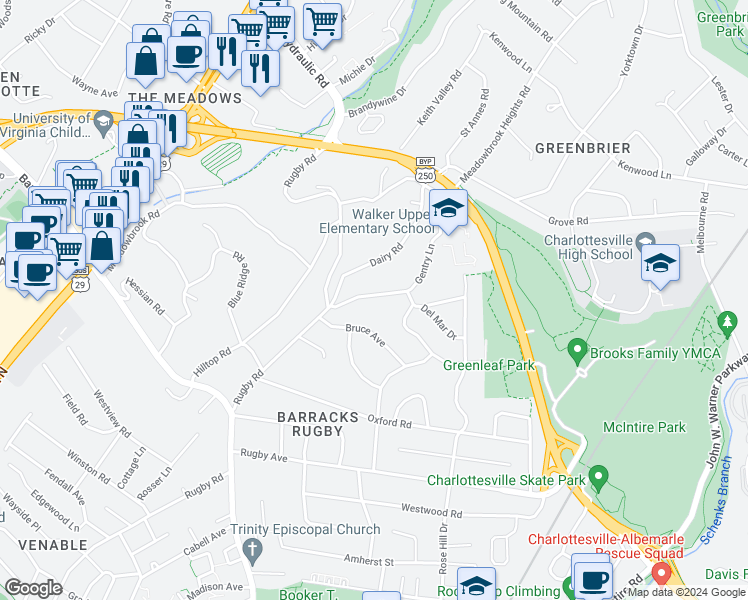 map of restaurants, bars, coffee shops, grocery stores, and more near 1412 Gentry Lane in Charlottesville