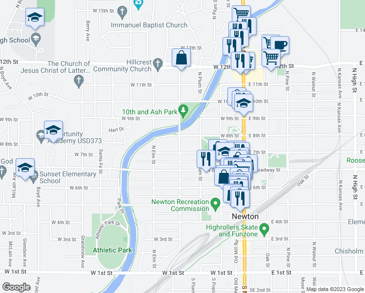 map of restaurants, bars, coffee shops, grocery stores, and more near 810 North Ash Street in Newton