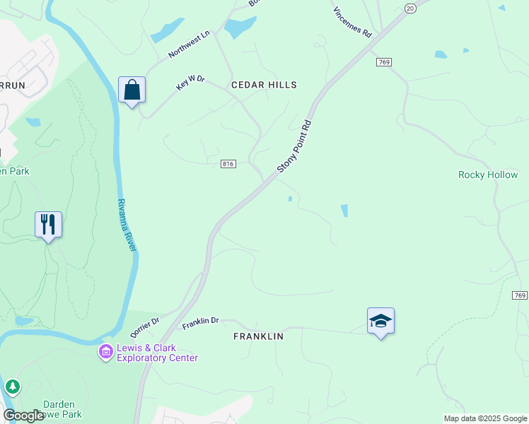 map of restaurants, bars, coffee shops, grocery stores, and more near 1813 Stony Point Road in Charlottesville