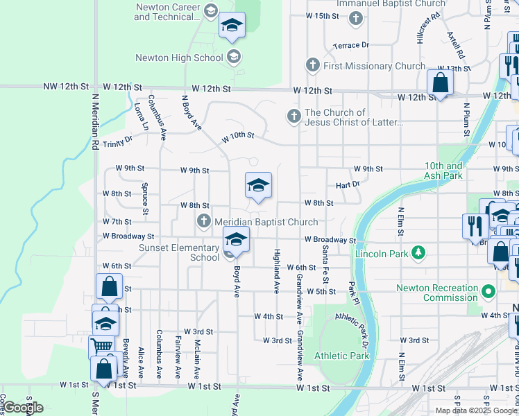map of restaurants, bars, coffee shops, grocery stores, and more near 900 West Broadway Street in Newton