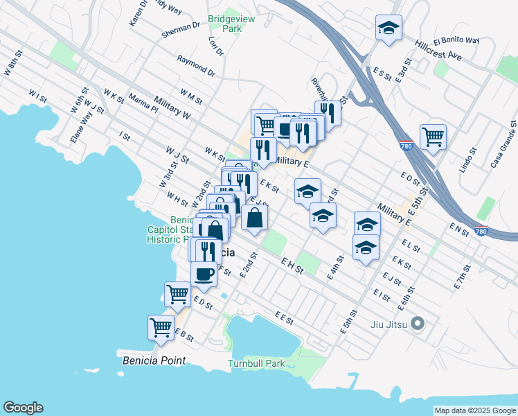 map of restaurants, bars, coffee shops, grocery stores, and more near 155 East J Street in Benicia