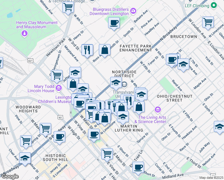 map of restaurants, bars, coffee shops, grocery stores, and more near Bark Alley in Lexington