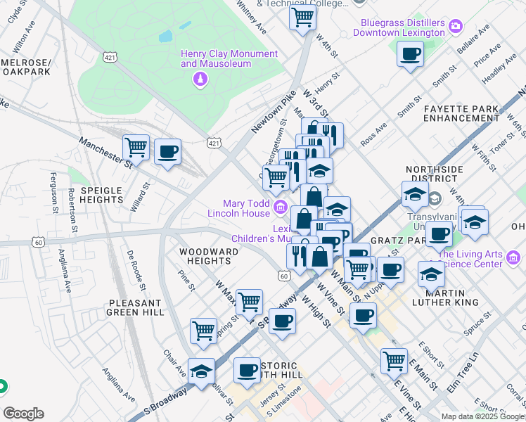 map of restaurants, bars, coffee shops, grocery stores, and more near 614 West Main Street in Lexington