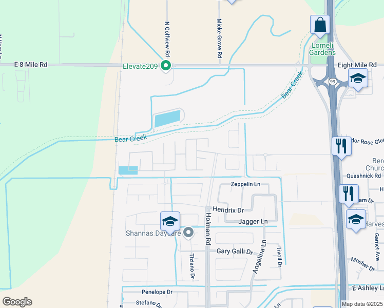 map of restaurants, bars, coffee shops, grocery stores, and more near 10505 Holman Road in Stockton