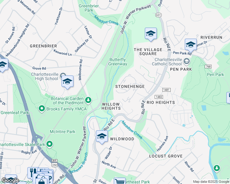 map of restaurants, bars, coffee shops, grocery stores, and more near 909 Stonehenge Road in Charlottesville