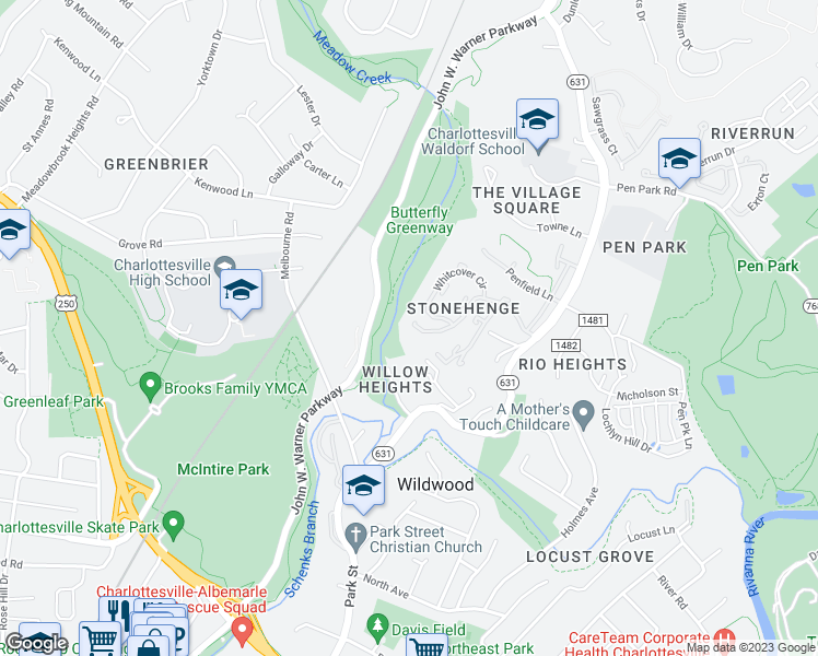 map of restaurants, bars, coffee shops, grocery stores, and more near 909 Stonehenge Road in Charlottesville