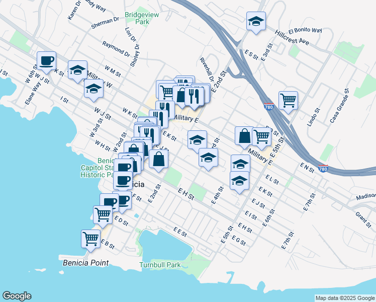 map of restaurants, bars, coffee shops, grocery stores, and more near 220 East K Street in Benicia