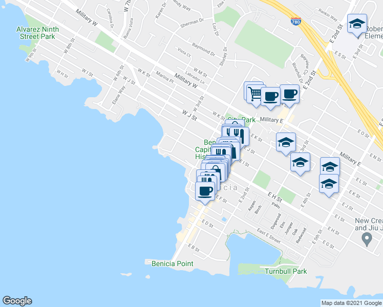 map of restaurants, bars, coffee shops, grocery stores, and more near 270 West H Street in Benicia