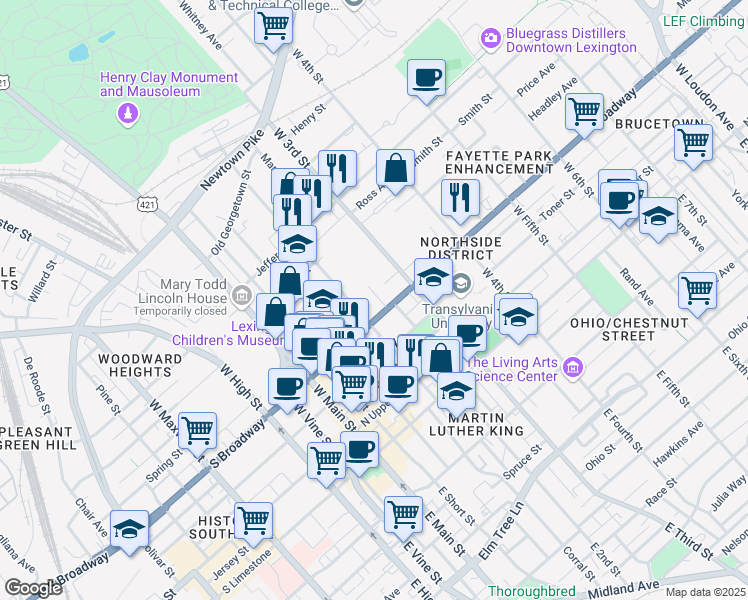 map of restaurants, bars, coffee shops, grocery stores, and more near 247 North Broadway in Lexington