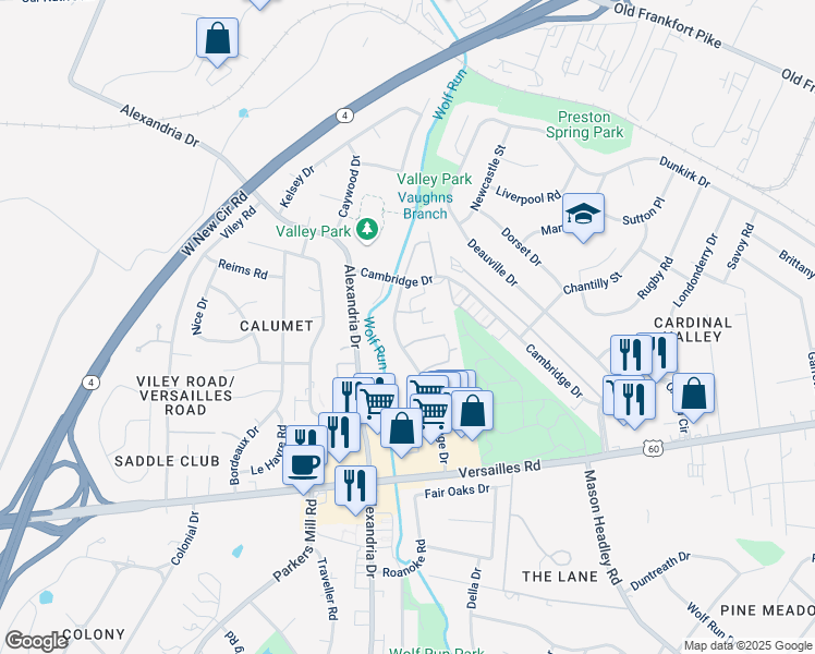 map of restaurants, bars, coffee shops, grocery stores, and more near 1262 Village Drive in Lexington