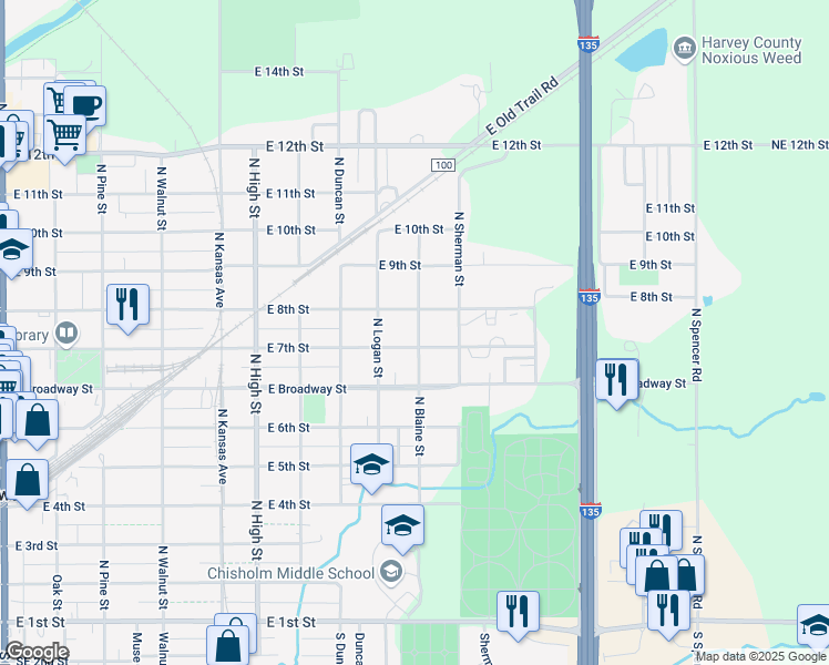 map of restaurants, bars, coffee shops, grocery stores, and more near 816 N Blaine St in Newton