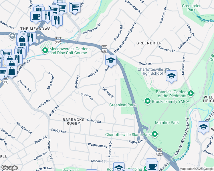 map of restaurants, bars, coffee shops, grocery stores, and more near 1611 Oakleaf Lane in Charlottesville