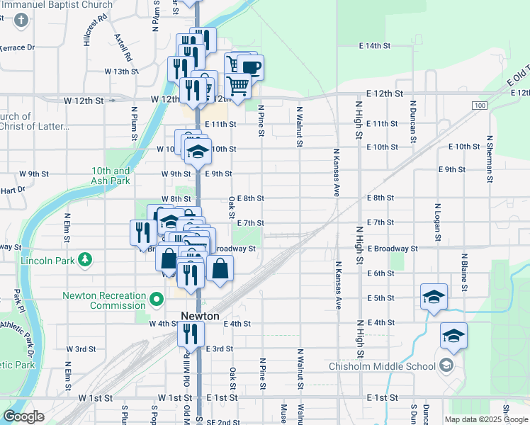 map of restaurants, bars, coffee shops, grocery stores, and more near 812 North Pine Street in Newton