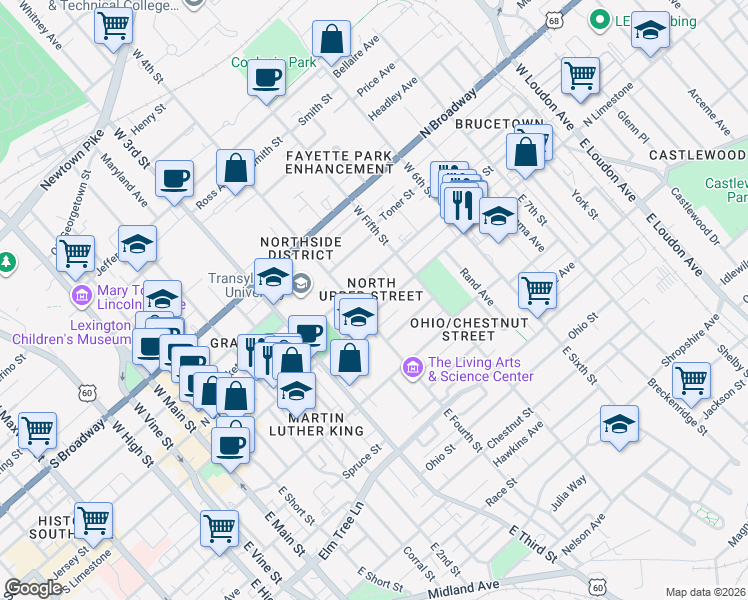map of restaurants, bars, coffee shops, grocery stores, and more near 422 North Upper Street in Lexington