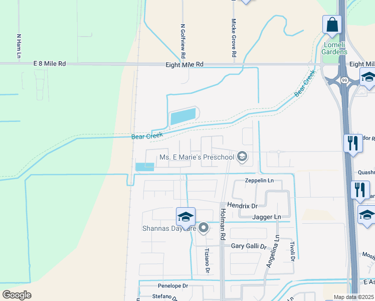 map of restaurants, bars, coffee shops, grocery stores, and more near 10719 Holman Road in Stockton